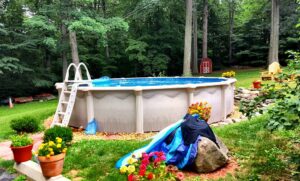 Sunny backyard swimming pool on a bright Florida summer day