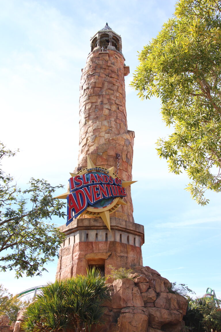 Lighthouse landmark at the entrance to Universal's Islands of Adventure theme park in Orlando